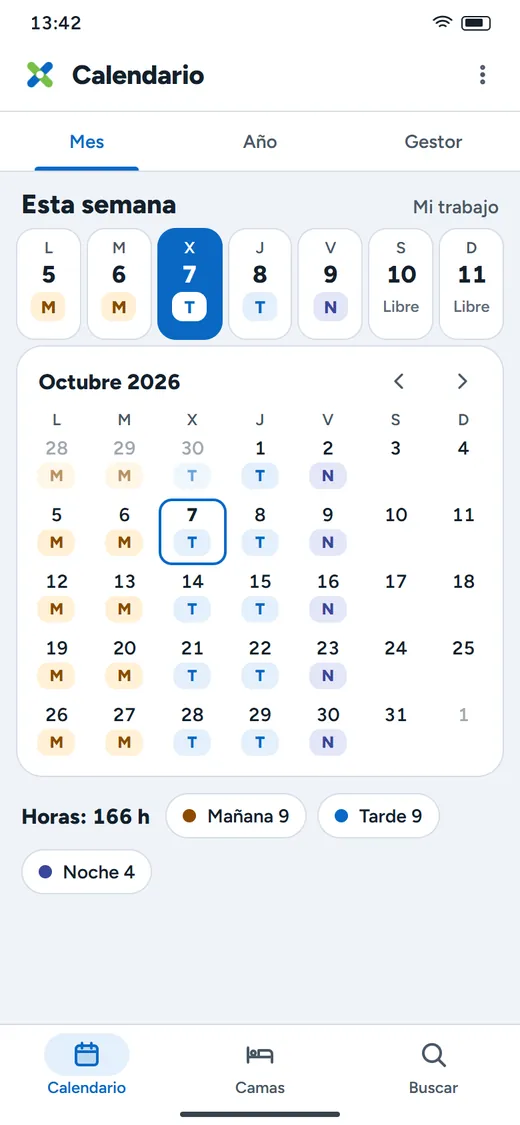 Calendario de octubre con los turnos de mañana, tarde y noche y las horas del mes