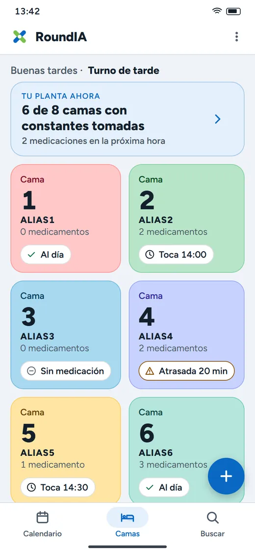 Pantalla Camas de RoundIA: una tarjeta por cama con número, alias y estado de la medicación
